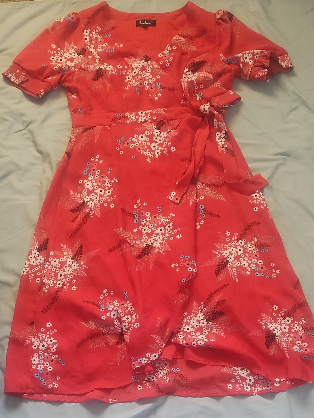 Lulu's Coral Floral Midi Wrap Dress